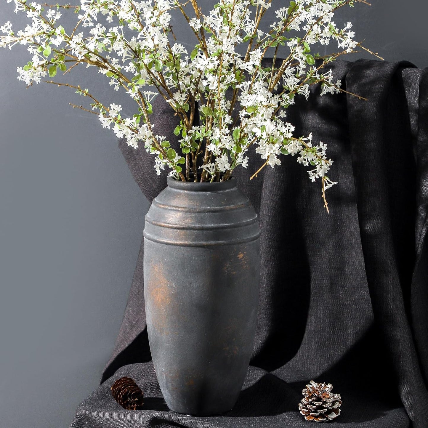 Large Ceramic Rustic Vase - 12.87 inch Tall Decorative Farmhouse Vase for Home Decor, Living Room, Shelf Decor, Enterway, Office, Table Decoration