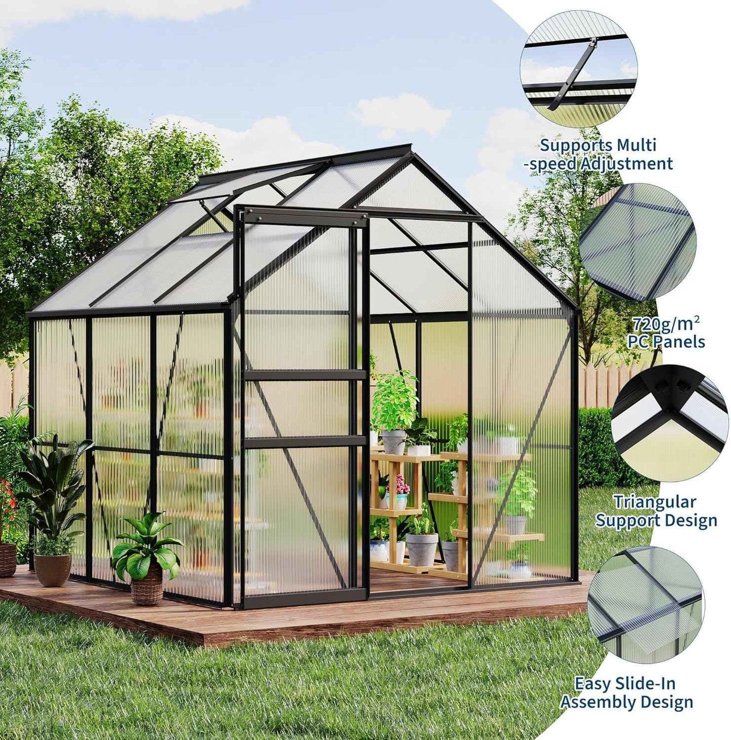 IDEALHOUSE 6x6 ft Polycarbonate Greenhouse with Adjustable Roof Vent, Walk-in Greenhouse for Outdoor Garden Backyard, Heavy Duty Aluminum Frame, 720g/M² PC Panels, Black