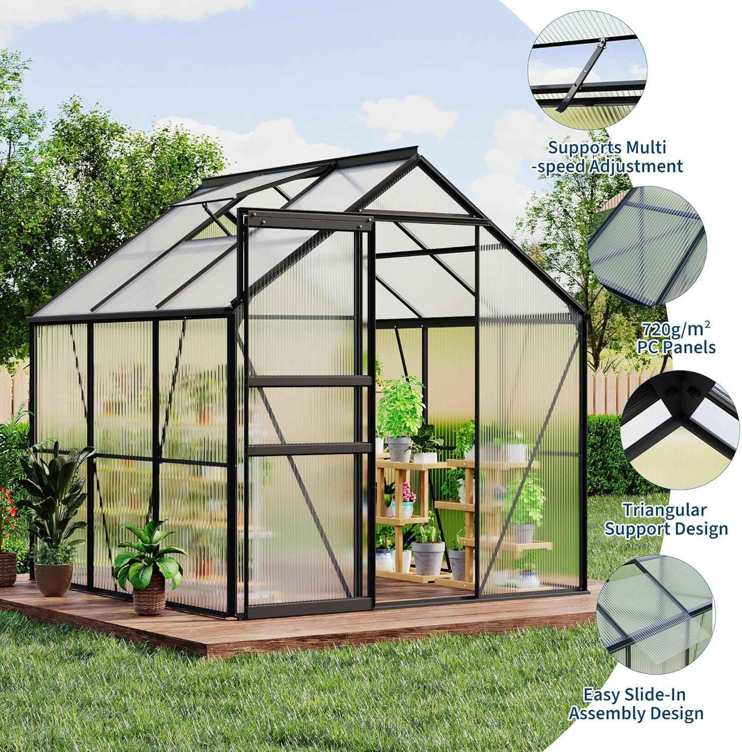 IDEALHOUSE 6x6 ft Polycarbonate Greenhouse with Adjustable Roof Vent, Walk-in Greenhouse for Outdoor Garden Backyard, Heavy Duty Aluminum Frame, 720g/M² PC Panels, Black