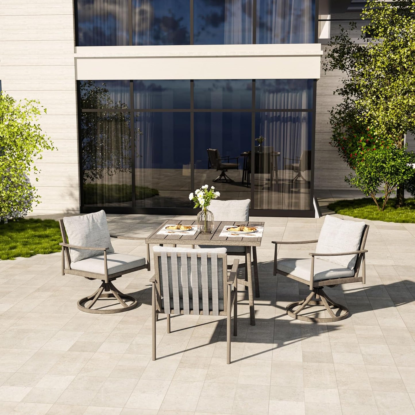 HAPPATIO Patio Table for 4, Modern Square Outdoor Dining Table with Umbrella Hole and Adjustable Feet, All Weather Aluminum Patio Table for Garden, Backyard and Poolside, Grey