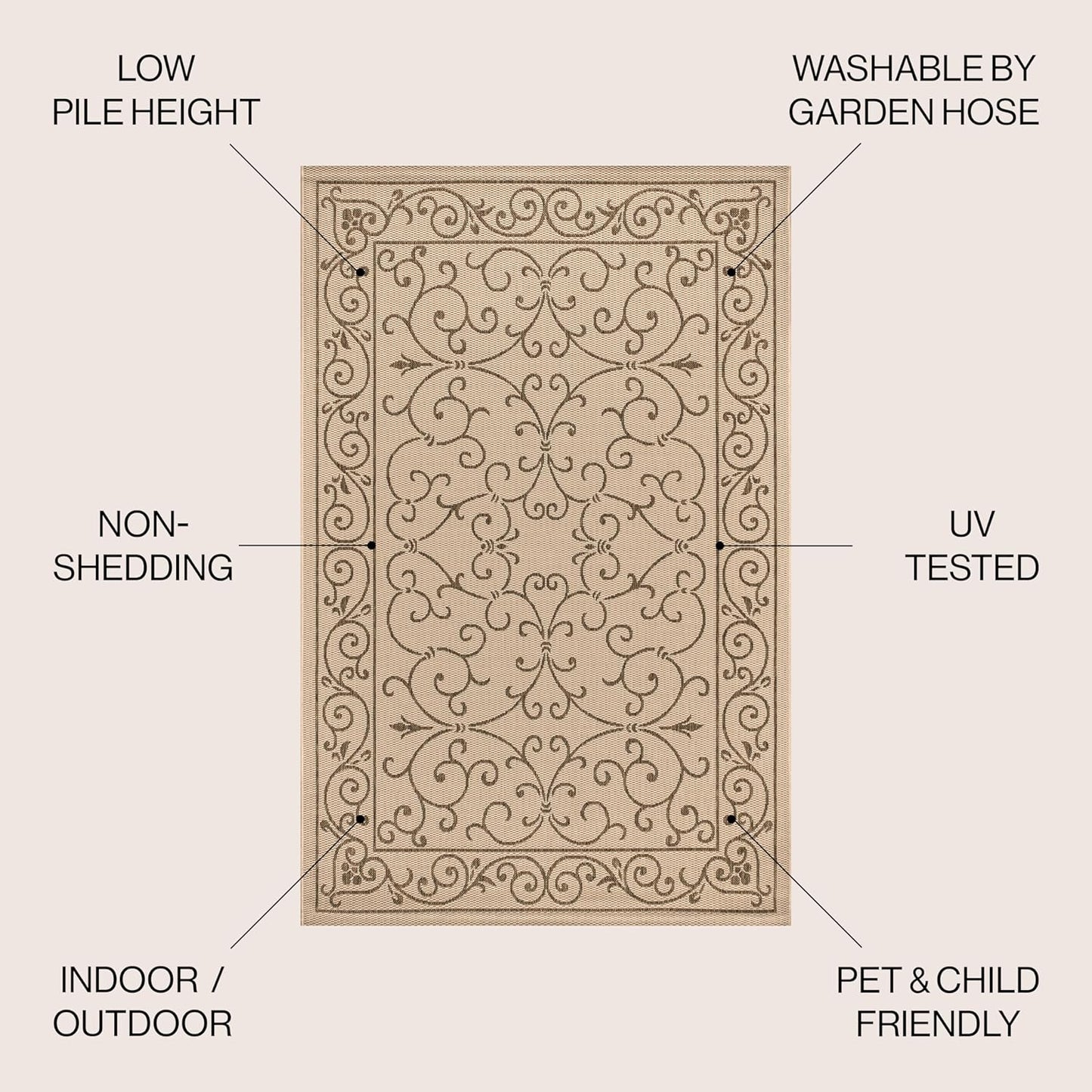 JONATHAN Y SMB106A-8R Charleston Vintage Filigree Textured Weave Beige/Brown 8' Round Indoor/Outdoor Area Rug, Pet Friendly, Non-Shedding, Stain Resistant, Easy-Cleaning for Backyard, Patio, Porch