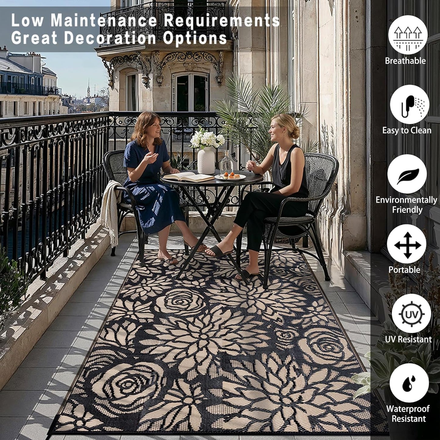 Outdoor Plastic Straw Rug Waterproof Patio 9x12 Black Brown Floral Mat for Porch Camping RV Balcony Deck Courtyard Reversible Lightweight Durable Portable Carpet