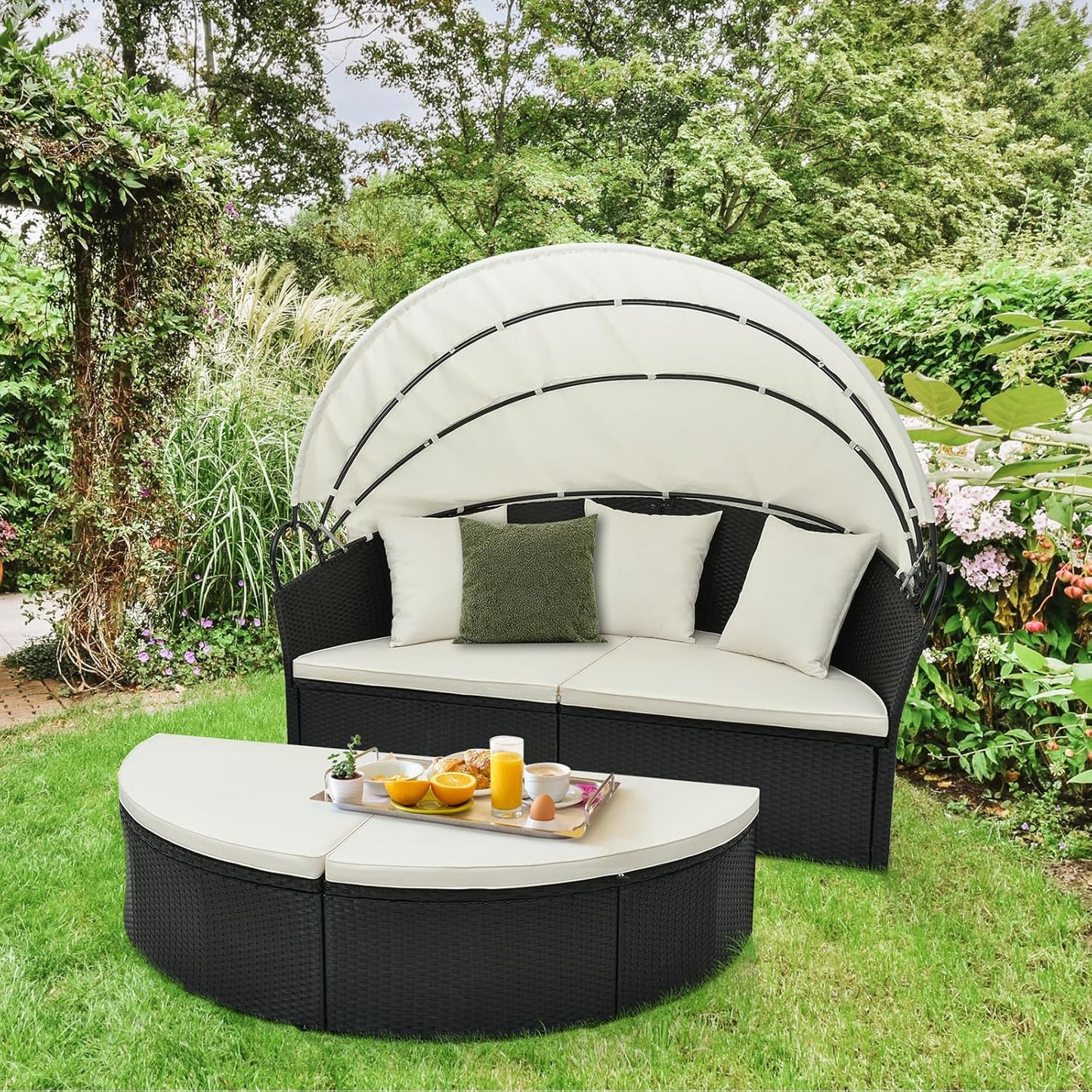 RELAX4LIFE Round Outdoor Daybed with Canopy - Wicker Rattan Sectional Sofa Sunbed w/Cushions & 3 Pillows, Clamshell Conversation Lounger Separated Seating Set for Garden Porch, Patio Day Bed (Beige)