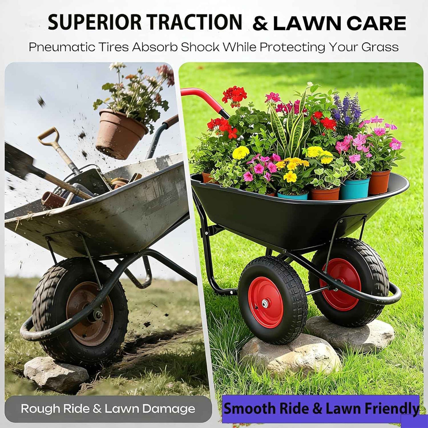2 Wheel Wheelbarrow, Dual-Wheel Garden Dump Cart with 13" Non-Slip Pneumatic Tires & Ergonomic Padded Handle, Heavy-Duty Home Utility Yard Cart Wagon with 4.5 Cu Ft Capacity for Lawn, Gardening