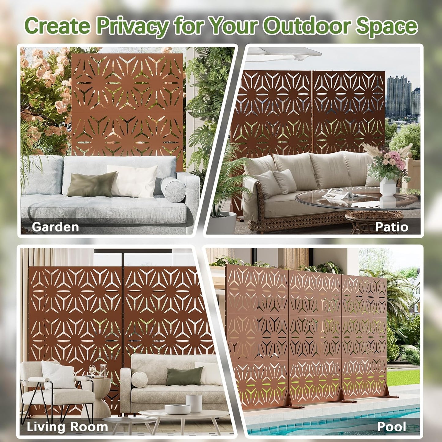 Cofar Metal Privacy Screen Outdoor 72" H×44" W -Brown Freestanding Outdoor Privacy Panels with Stand, Decorative Fence for Patio, Deck, Balcony（Floral）