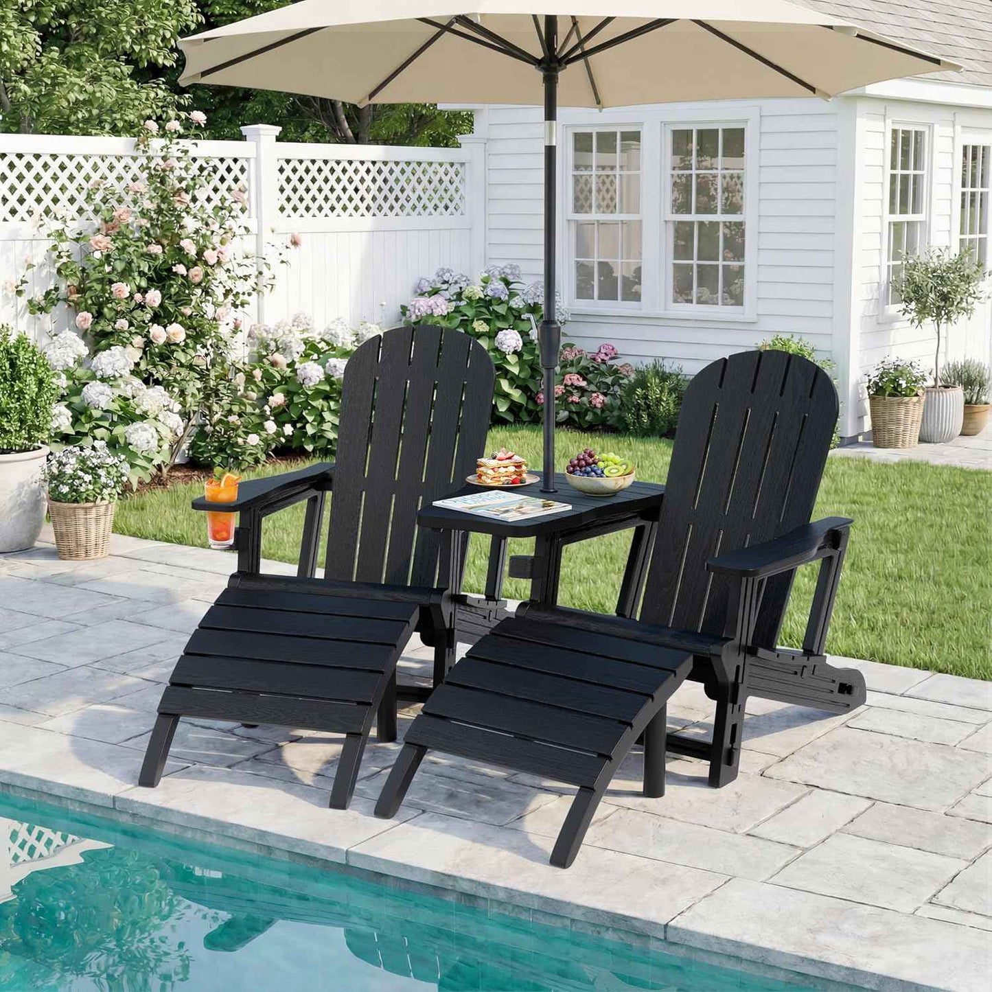 JY QAQA Outdoor Adirondack Chair Set of 2 with Detachable Table & Ottoman, All-Weather HDPE Patio Furniture with Wood Texture & Cup Holder for Patio, Poolside, Garden, Black