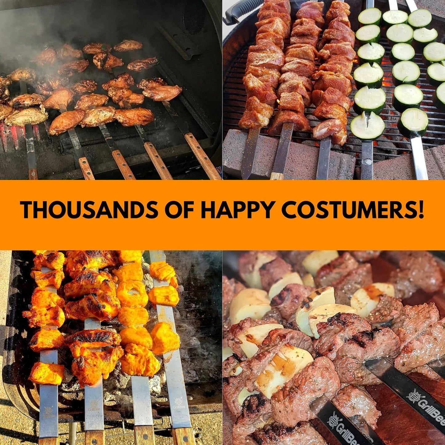 Premium Kabob Skewers 23 inch Long and 5/8 inch Wide Stainless Steel Flat Reusable Metal Skewers for Grilling BBQ - Chicken Kebab, 8pc Set with Bag