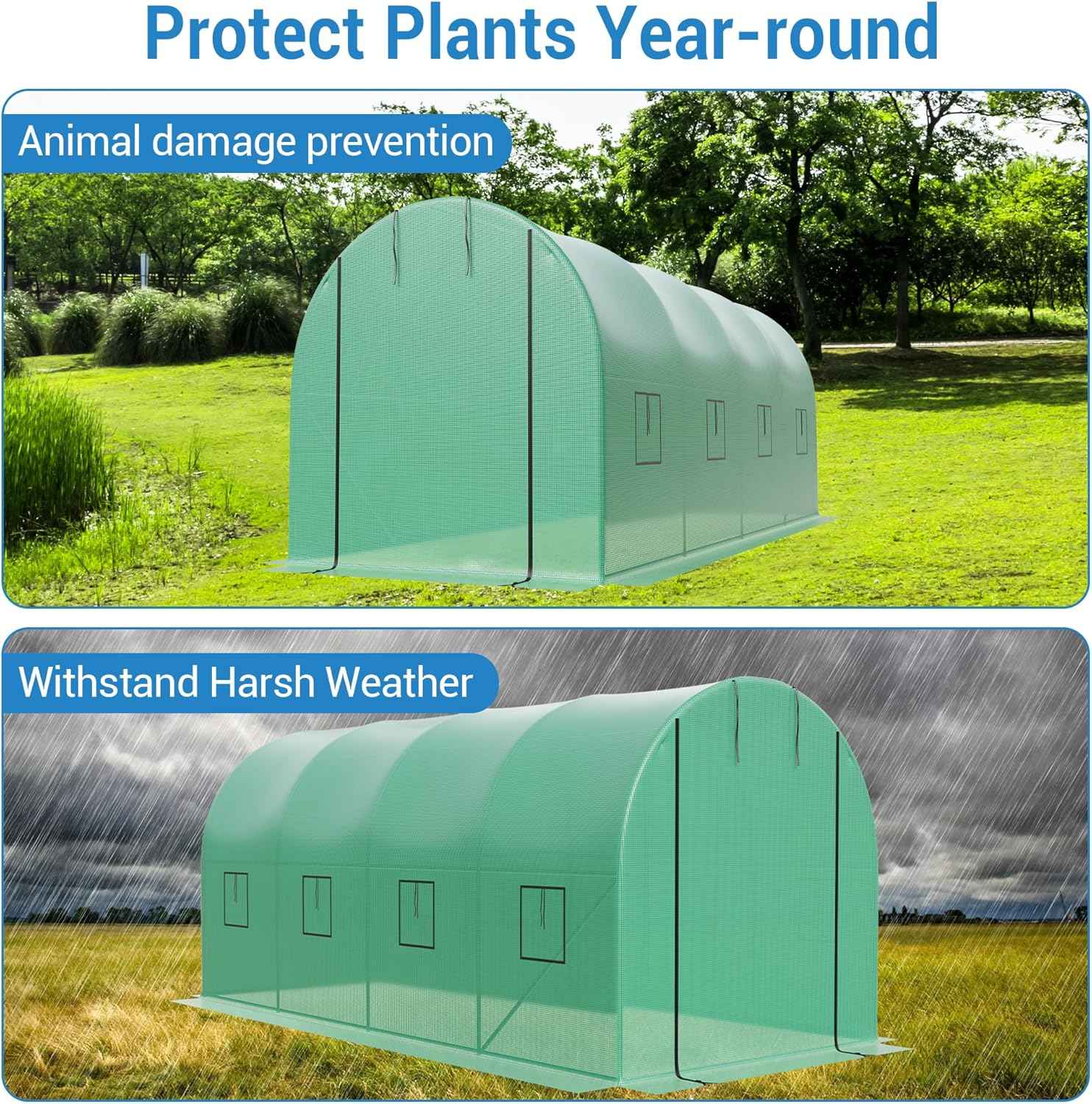 15x7x7 ft Walk-in Greenhouse for Outside - Heavy Duty Galvanized Steel Hoop House with PE Cover, 8 Windows & Roll-Up Door - Outdoor Plant Tunnel for Gardening, Vegetables & Year-Round Growing