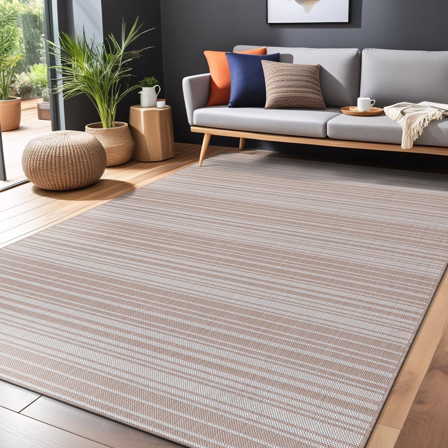 Stripe Outdoor Rug 8x10 Washable Outside Carpet for Indoor Patio Porch Waterproof Easy Cleaning Non Shedding Area Rugs Beige 8 x 10