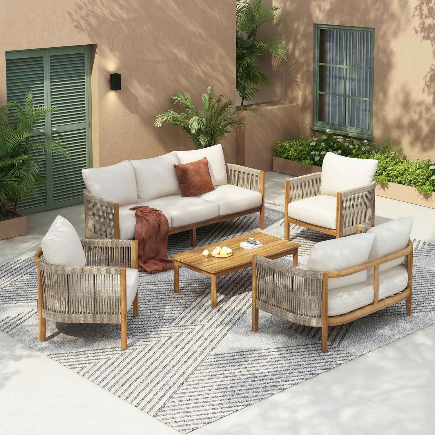 Christopher Knight Home Havets 5 Pieces Outdoor Acacia Furniture Set, Woven Rope Loveseat and Accent Club Chairs, 6" Thick Cushions Sofa and Coffee Table Set for Backyard Garden Balcony, Teak+Beige
