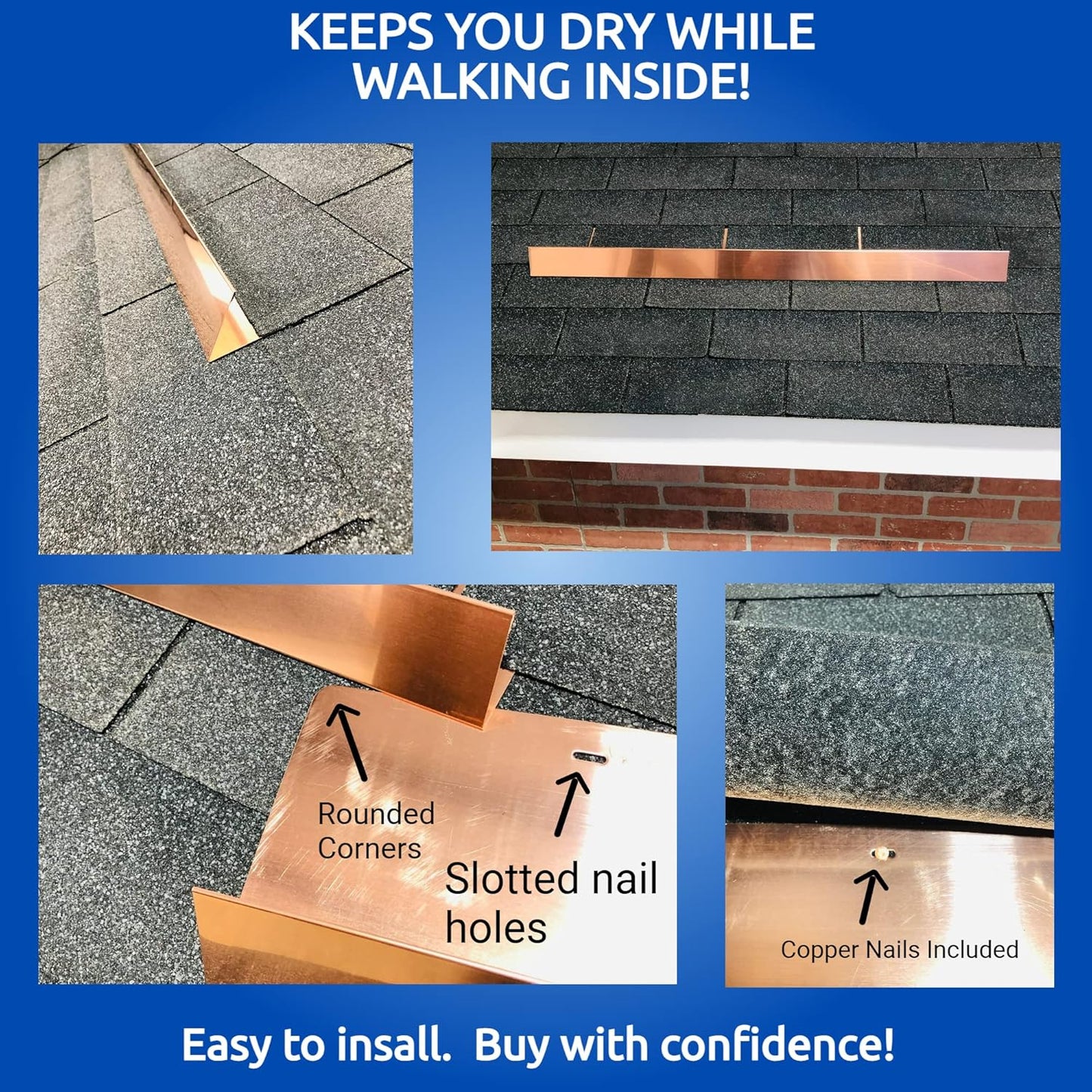 EAGLE 1- Shingle Roof Rain Diverter 40 Inches Long- 26 Gauge Material- Easy to Install- Includes Stainless Steel Nails (1, Real Copper)