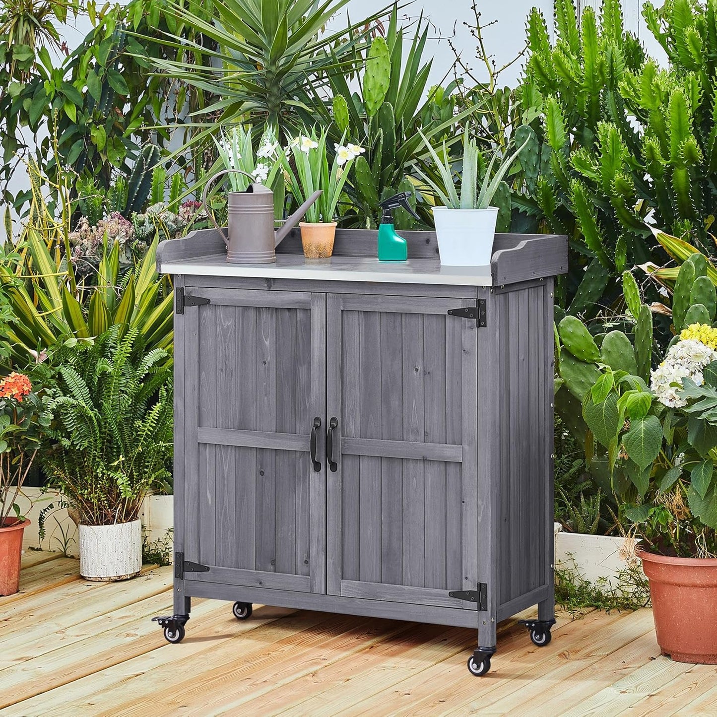 Topeakmart Potting Bench Table - Wooden Storage Cabinet with Removable Shelf & Flexible Space & Metal-Plated Tabletop for Outdoor Garden Patio, Gray