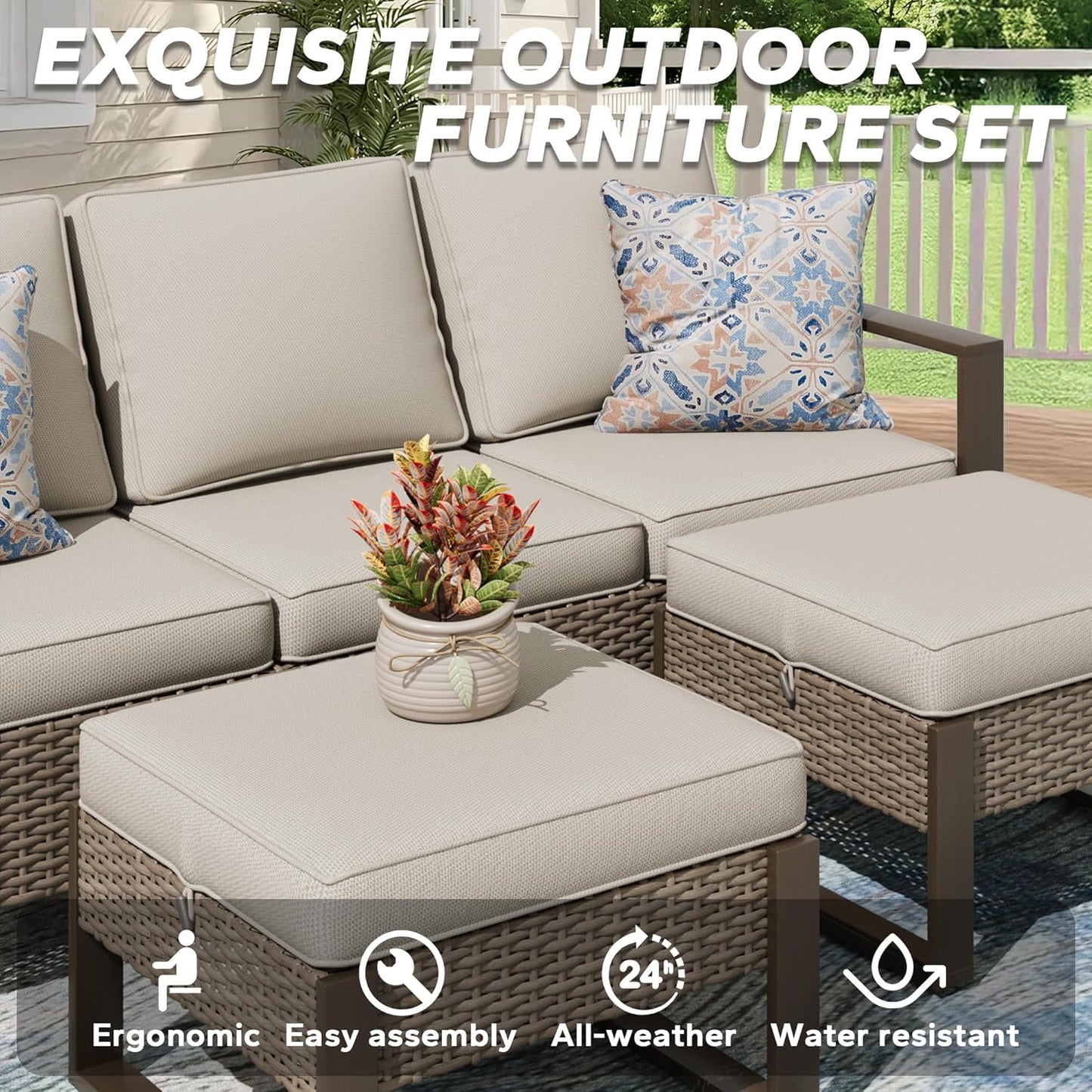 5 Pieces Metal Wicker Patio Furniture Set with 75" Sofa, Two Swivel Chairs and Two Ottomans, All Weather Rattan Outdoor Conversation Furniture with Washable Cushions for Porch, Beige