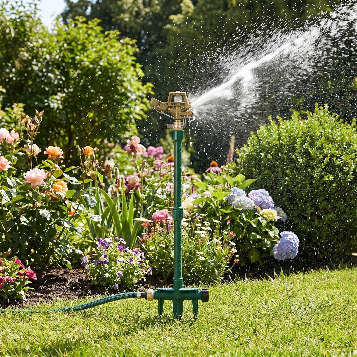 Heavy Duty Impact Sprinkler for Yard Large Area, 360° Brass Pulsating Sprinkler, Includes 3 Stackable Extension Risers, Long Range Lawn & Garden Water Sprinklers(Metal Spike Base)