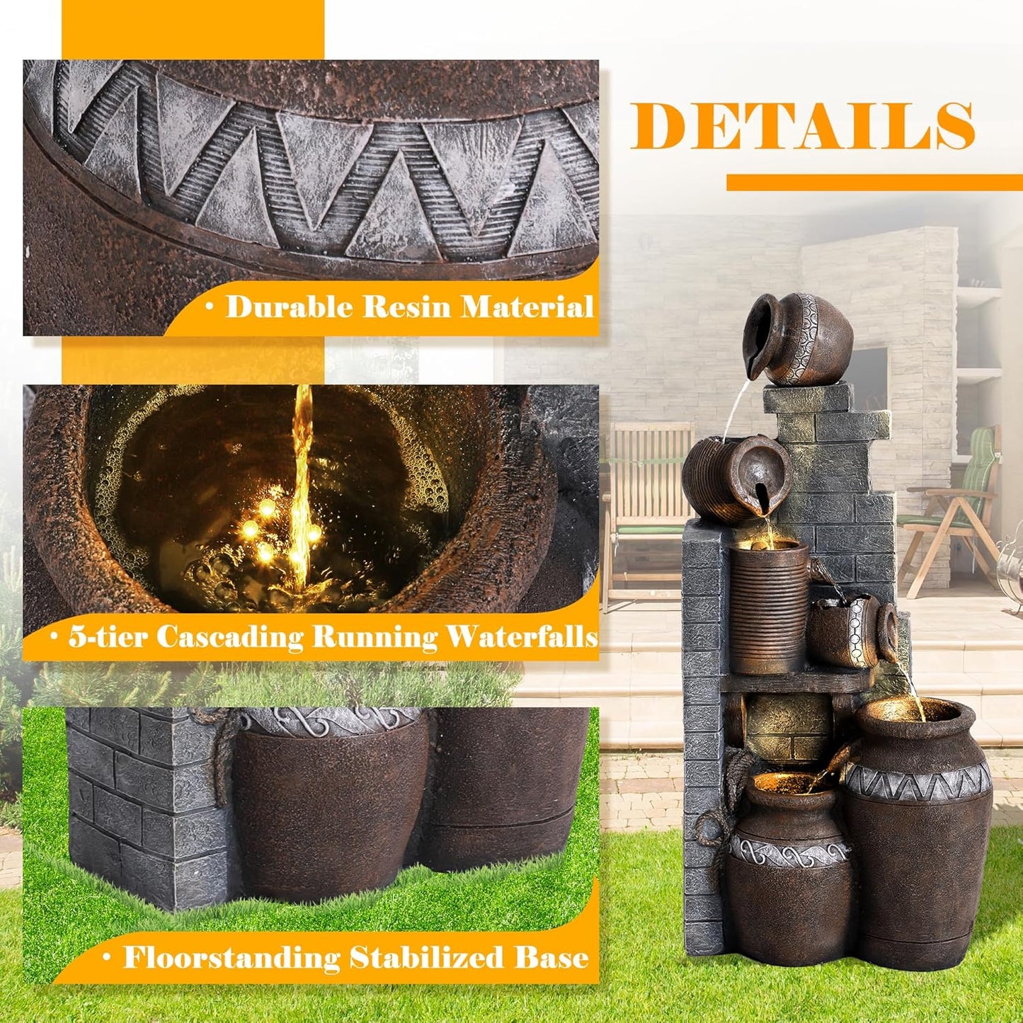 Outdoor Water Fountain 31.5" H Floor-Standing Cascading Garden Fountains, 6-Tiers Indoor/Outdoor Water Fountain with LED Lights for Garden Patio Backyard and Home (14.6"L x 10.6"W x 31.5"H)