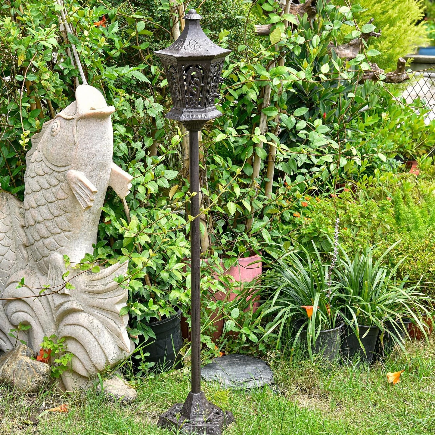 Sungmor Outdoor Decorative Lanterns, 47" Tall Cast Iron Floor Standing Candle Holders, Rustic Lantern Stand for Lawn Yard, Heavy Garden Lamp Post Porch Decor, Large Landscaping Candle Lantern