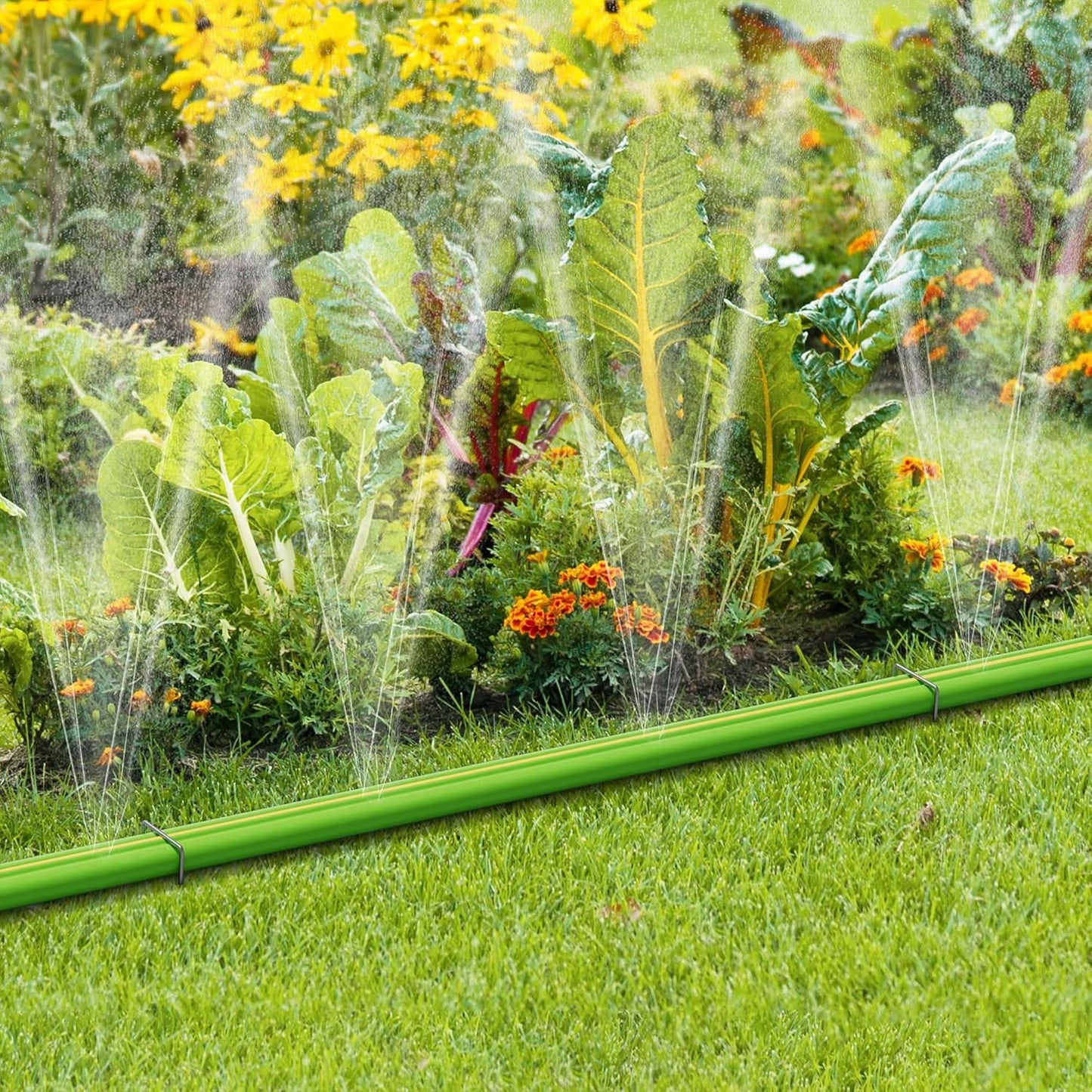 Sprinkler Soaker Hose 25 FT for Yard Garden, Flat Soaker Hose with Stakes, Irrigation Drip Hose, Watering Hose with Holes for Lawn