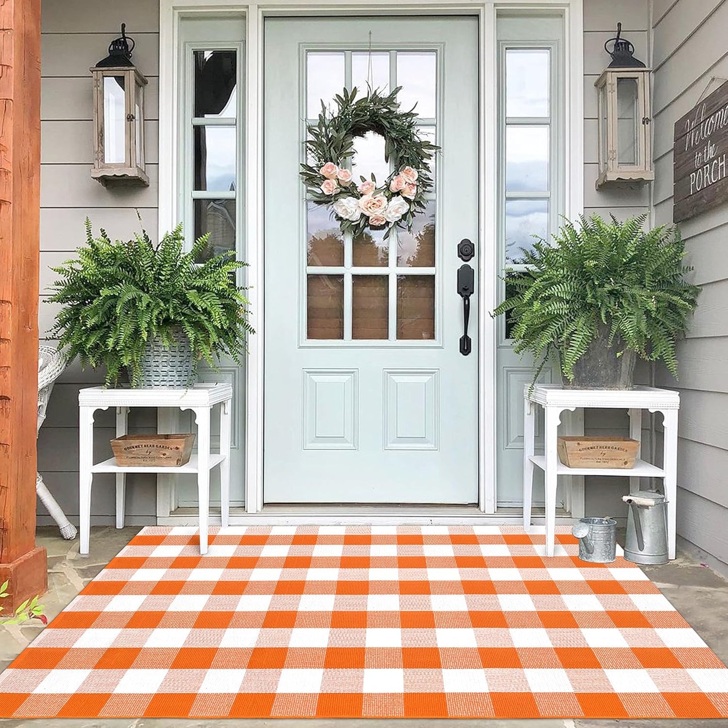 IOHOUZE Fall Buffalo Plaid Check Rug Outdoor Doormat 4x6 Ft Washable Woven Outdoor Indoor Welcome Mats for Front Door/Farmhouse/Entryway/Home Entrance Orange and White Outdoor Rug