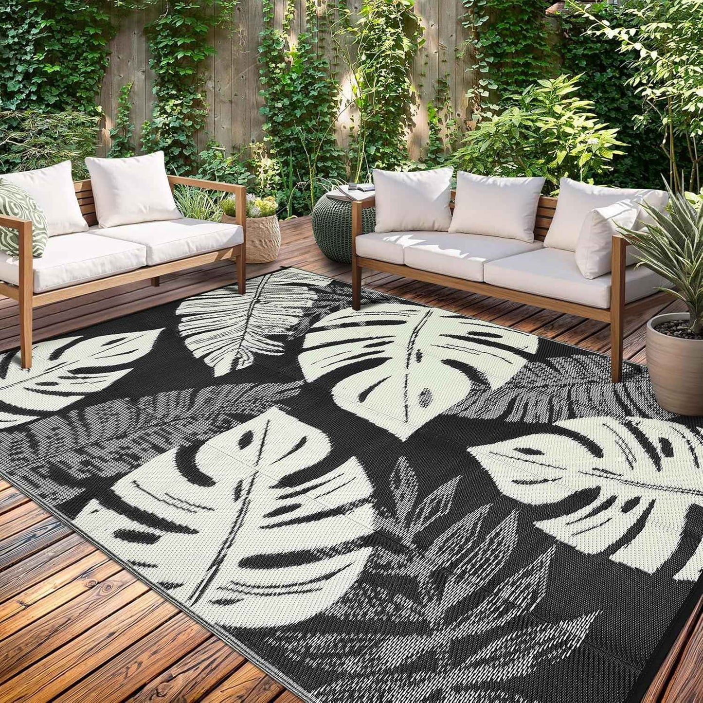 Washable Outdoor Rug Geometric Patio Carpet Waterproof Non-Slip Non-Shedding Ideal for Backyard Deck Porch Camping Beach Farmhouse Black&Beige8x10