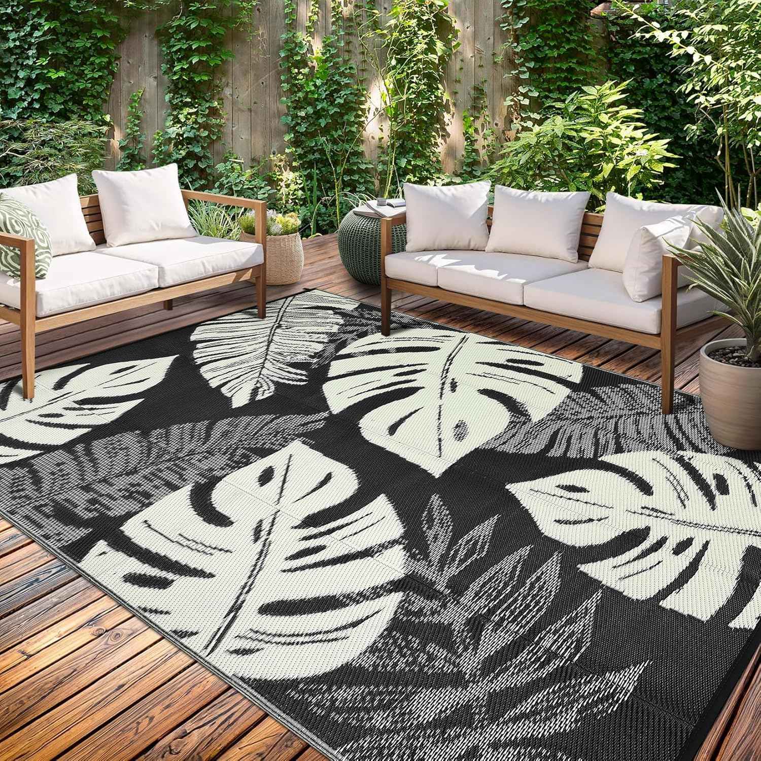 Washable Outdoor Rug Geometric Patio Carpet Waterproof Non-Slip Non-Shedding Ideal for Backyard Deck Porch Camping Beach Farmhouse Black&Beige8x10