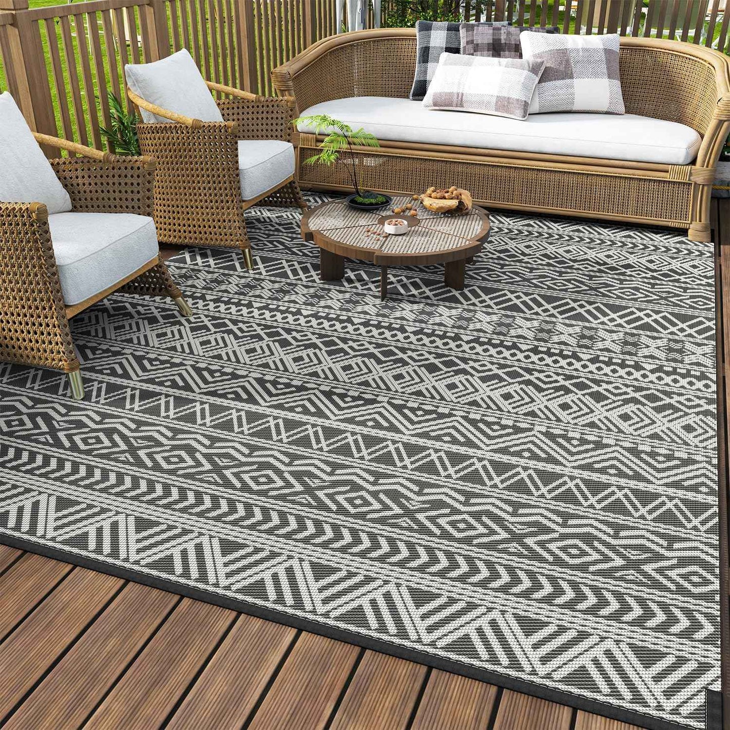MontVoo-Outdoor Rug Waterproof 6x9 ft Outdoor Carpet Patio Rug Mat Reversible RV Camping Rug-Plastic Straw Rug Outside Outdoor Area Rug for Patio Deck Balcony Backyard Picnic Beach -Boho Grey