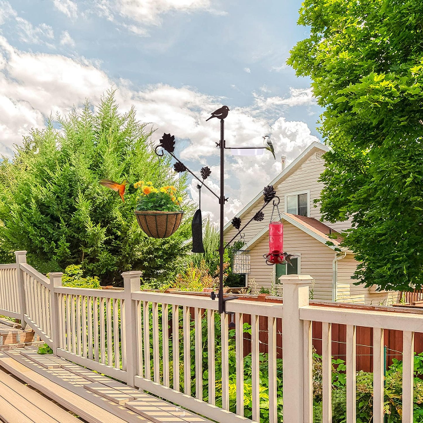 Urban Deco Deck Pole Porch Multi-Hook Bird Feeder Hooks for Deck Kit with Feeder Polyester and with 2 Adjustable Branches and Plastic Water Bowl