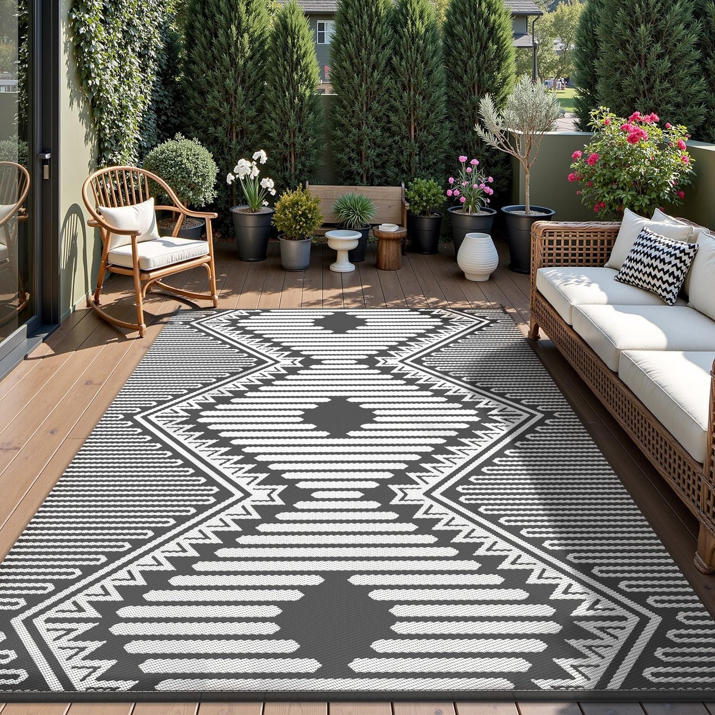 MontVoo Outdoor Rug-Waterproof Camping Rug Patio Rug Mat 6x9 Reversible Plastic Straw Outside Outdoor Rug for RV Camping Picnic Beach Balcony Backyard Pool Deck Porch Modern Boho Grey