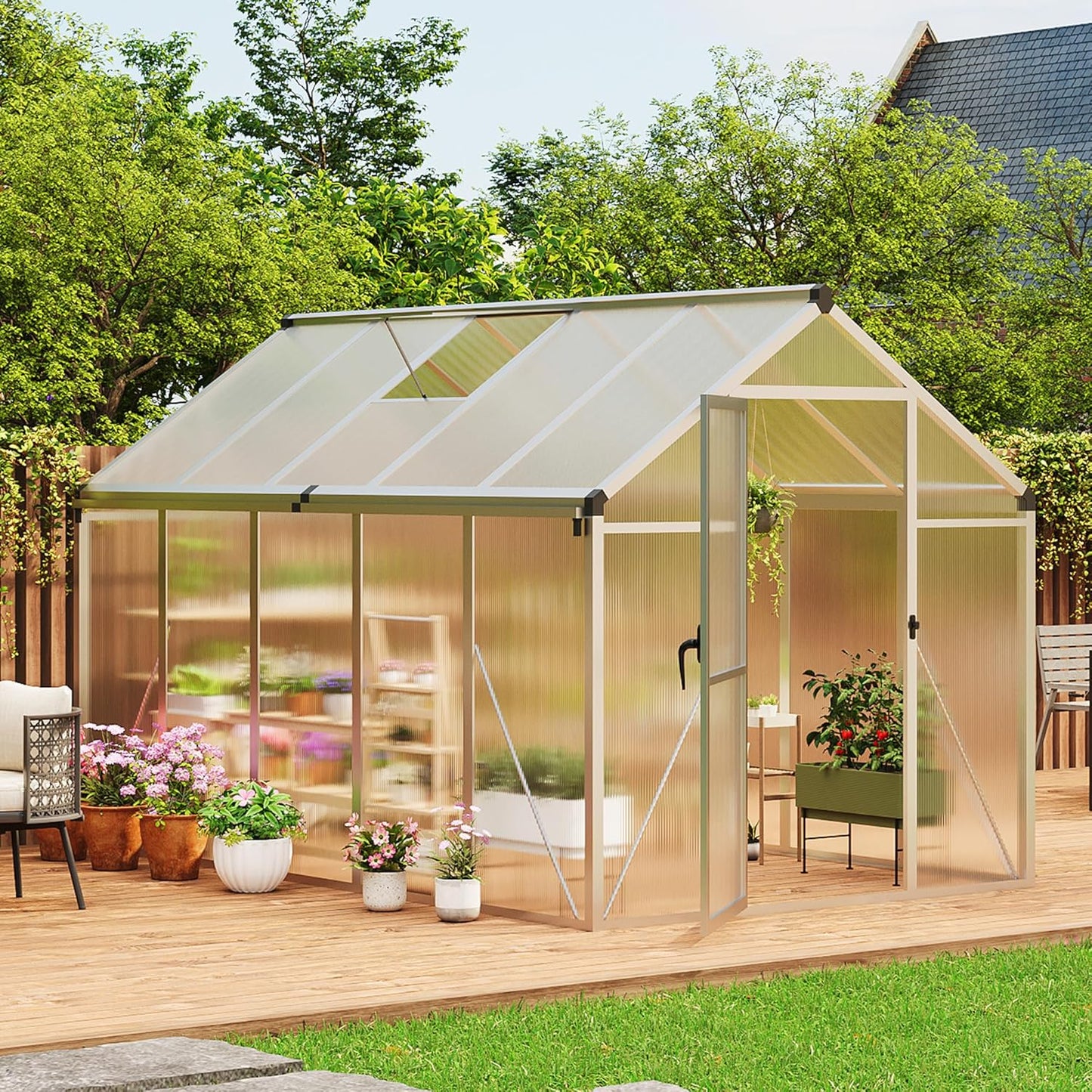 Garvee 6 x 10 FT Greenhouse, Greenhouses for Outside, Polycarbonate Greenhouse with Aluminum Frame, Lockable Door and Ajustable Roof Vent for Backyard, Green Houses for Outside Garden Backyard, Patio