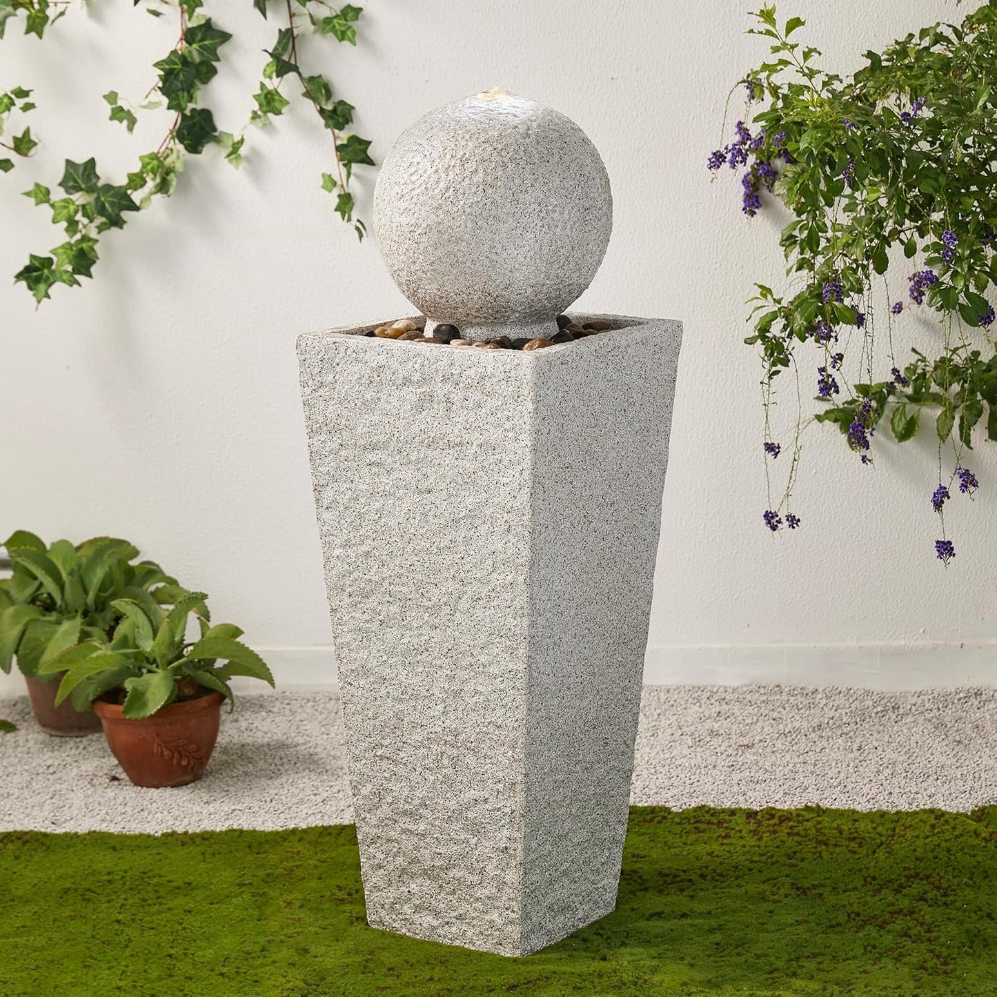 Glitzhome Outdoor Water Fountain with LED Light, Modern Oversized Sphere Pedestal Water Fountain with Submersible Pump, Modern Geometric Outdoor Fountains for Garden Patio Porch, 40.25" H