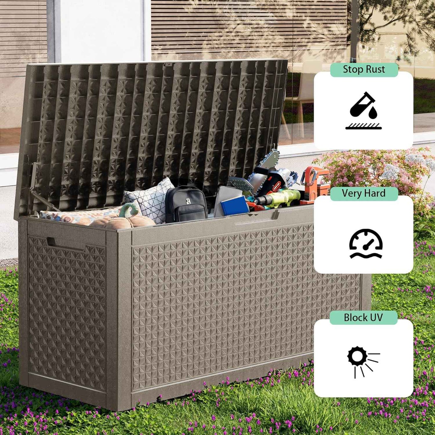 ROJIK 110 Gallon Waterproof Outdoor Deck Storage Box, Lockable Resin Patio Storage Bin with Lid for Garden Tools, Patio Cushions & Outdoor Accessories(Grey)