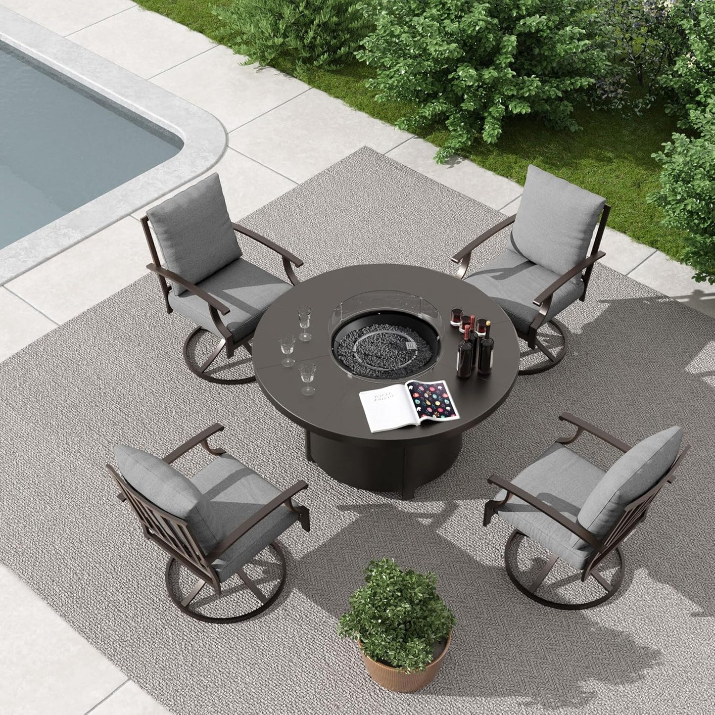 5 Piece Metal Outdoor Patio Furniture Set with 48"/55000 BTU Round Fire Pit Table,Outdoor Dining Table Set 4 Swivel Chairs No-Slip Cushions and Waterproof Covers,Grey