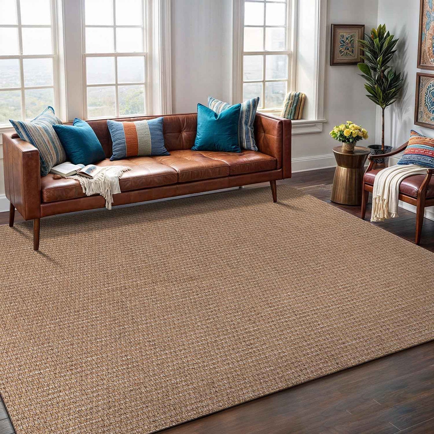 Easy Jute Rug 4x6 Indoor Outdoor Natural Rugs Solid Fiber Rug Woven Area Rug Boho Easy Clean Inside Carpet for Living Room Bedroom Dining Room Hallway or Outdoor Patio Porch (4 X 6 Natural)