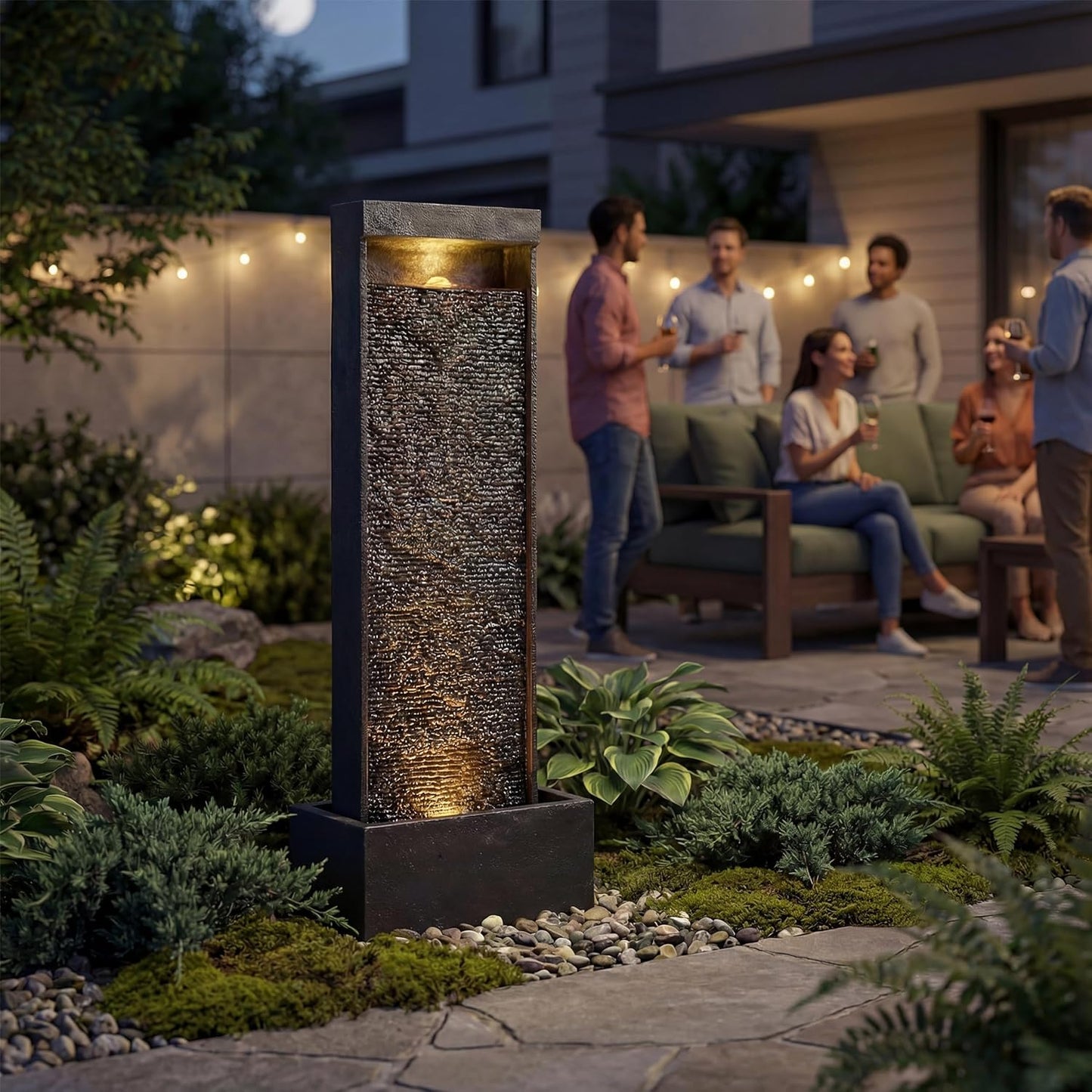 35-Inch Outdoor Water Fountain, Modern Curved Faux Slate Resin Indoor Waterfall Fountain with 2 Warm LED Lights, Home Art Decor for Garden, Patio, Yard, Deck, Porch, Balcony in Black