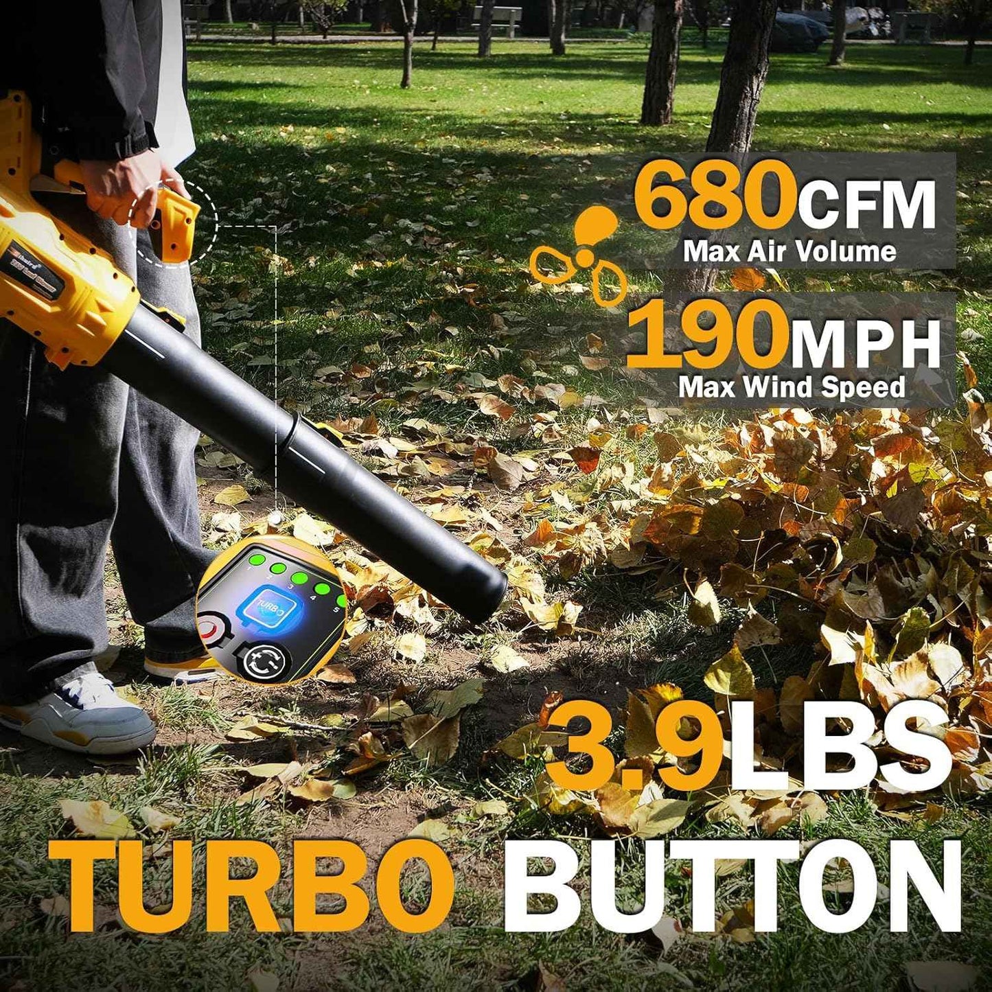 Sihuird Leaf Blower Cordless,2 x 21V 6.0Ah Battery and Charger, with 680CFM 190MPH Electric Cordless Leaf Blower, 3-Variable Speed & Turbo Mode, Blowers for Lawn Care (5002 D) (Yellow)