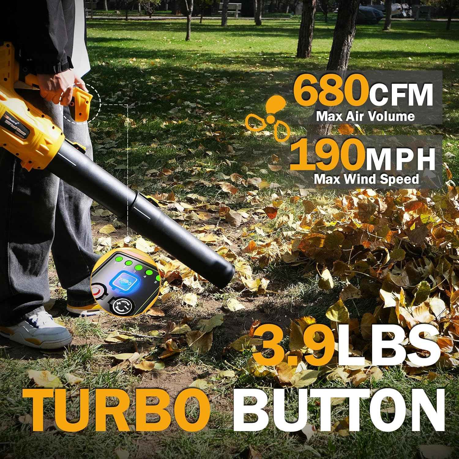 Sihuird Leaf Blower Cordless,2 x 21V 6.0Ah Battery and Charger, with 680CFM 190MPH Electric Cordless Leaf Blower, 3-Variable Speed & Turbo Mode, Blowers for Lawn Care (5002 D) (Yellow)