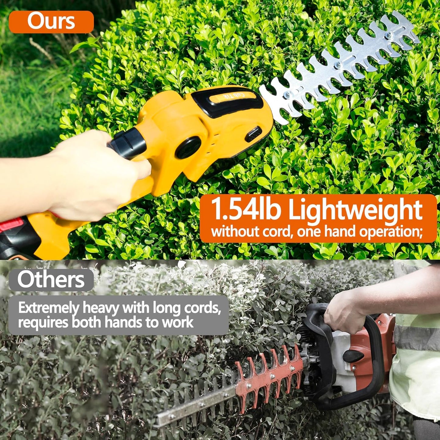 Hedge Trimmer Cordless with Battery and Charger 21V Electric Brush Grass Shrub Trimmer 2 in 1 Handheld Mini Grass Shears Grass Cutter Battery Powered Hedge Trimmer Yellow