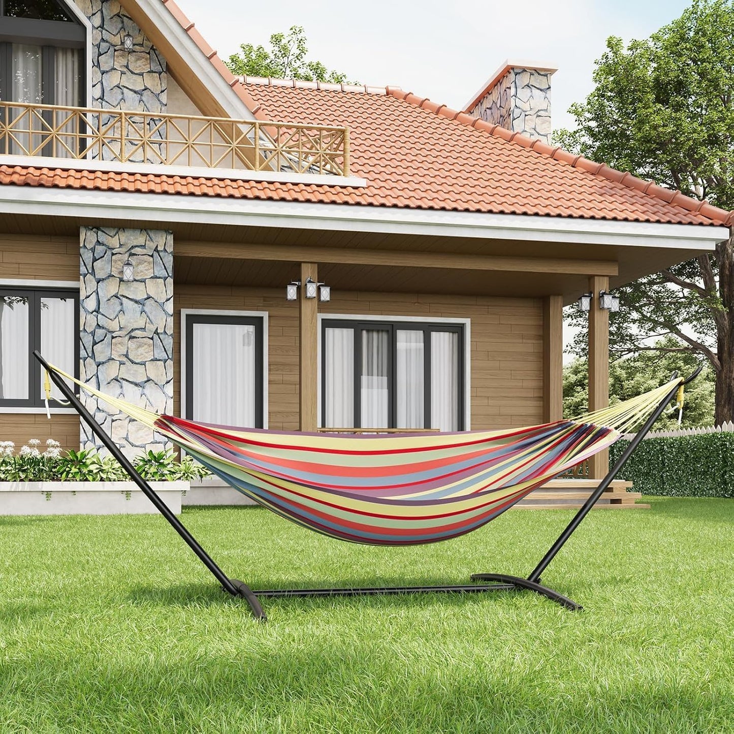 Double Hammock with Steel Stand, Outdoor Portable Hammocks Accommodates with 450Lb Capacity 2 People& Portable Carry Bag for Outside Camping Garden Yard,Yellow