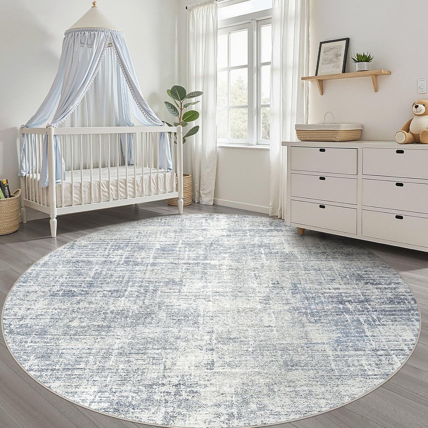 7ft Round Rug Living Room: 7x7 Washable Large Neutral Blue Circle Area Rug Abstract Soft Modern Stain Resistant Indoor Floor Non-Slip Carpet for Bedroom Nursery Kids Office Playroom Dining Room