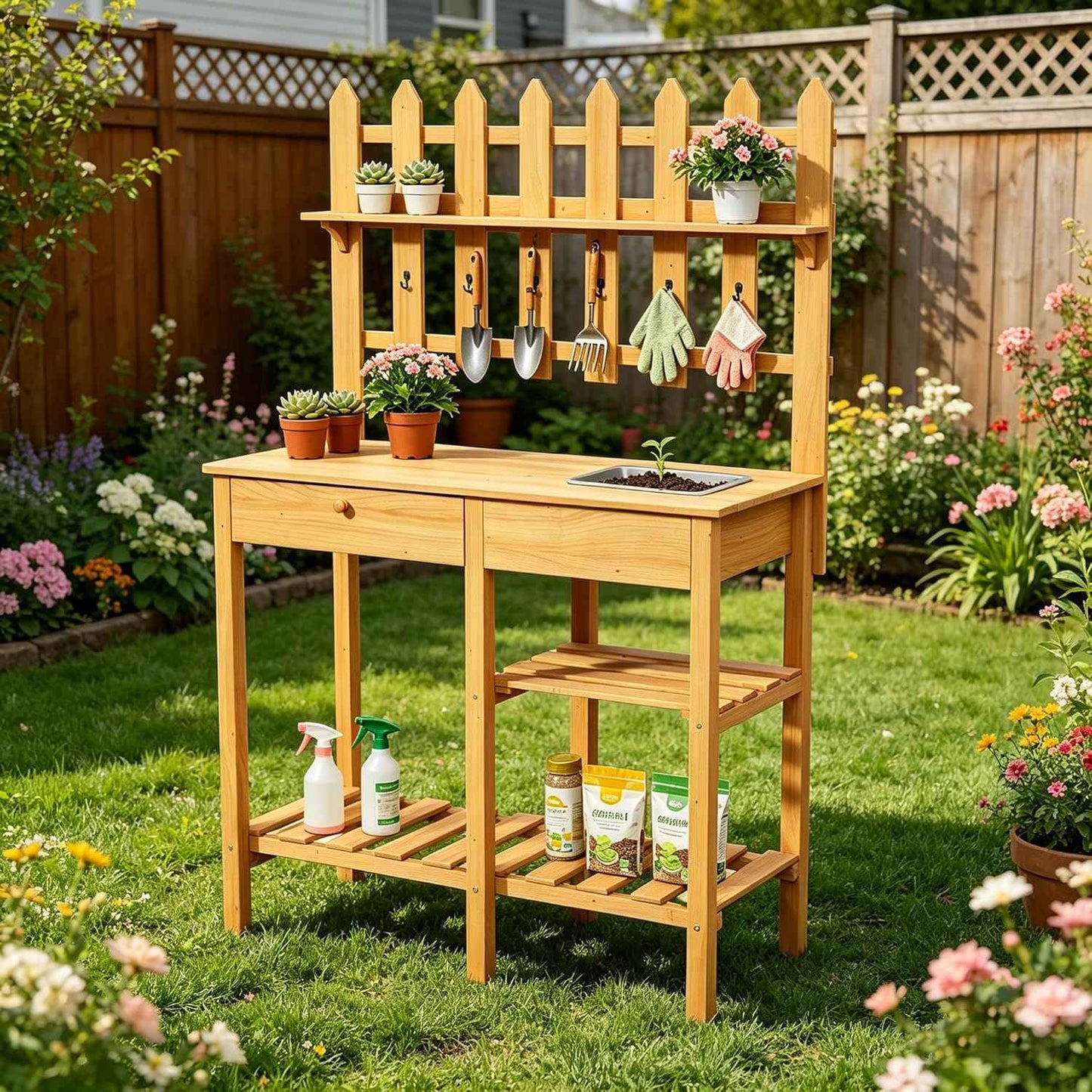 Outdoor Potting Bench, Wooden Potting Table with Built-in Sink, Drawer, Hooks & Storage Shelves – Large Gardening Bench for Outside Garden Workstation, Backyard Patio Balcony, Brown