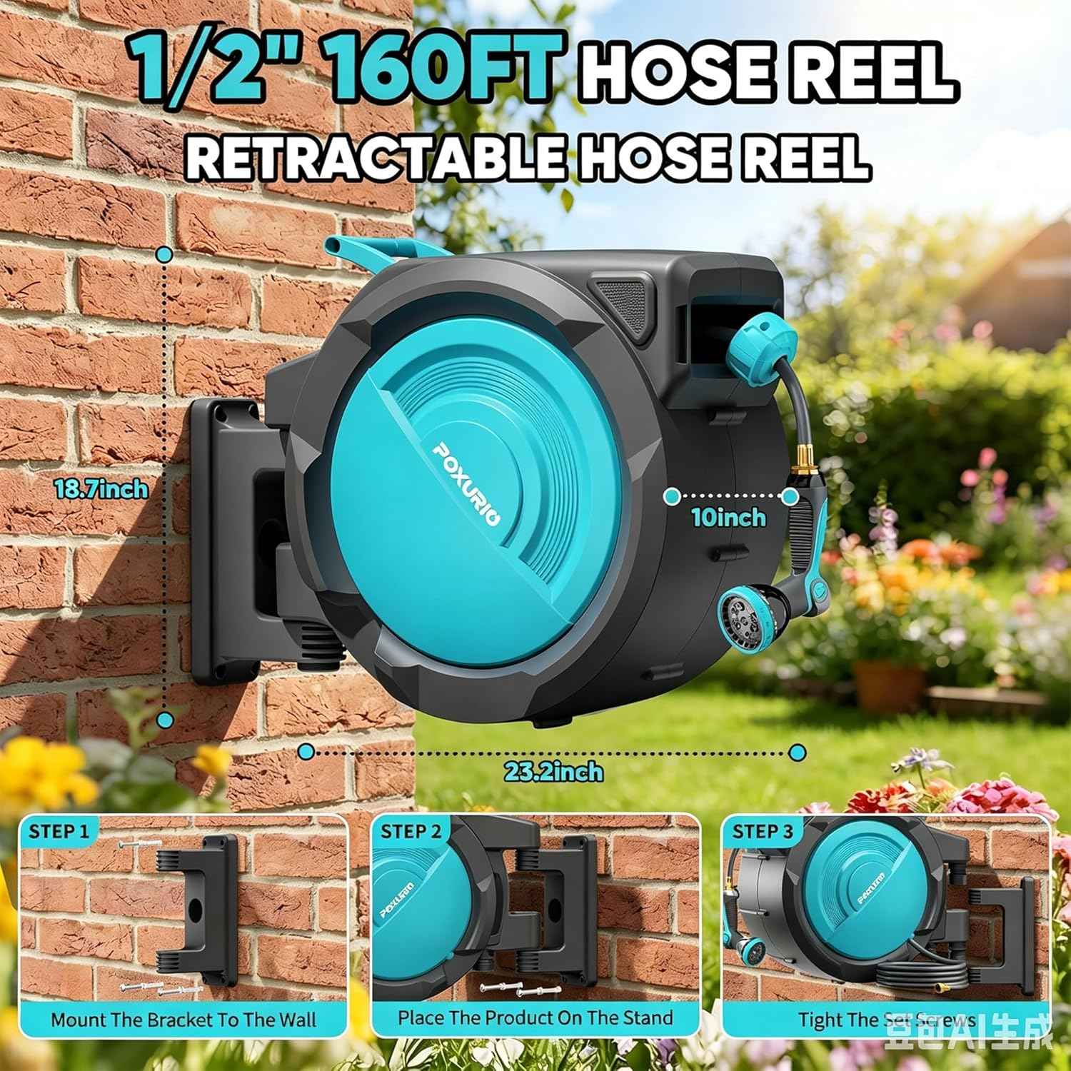 1/2" 160FT Retractable Garden Hose Reel - POXURIO Heavy Duty Automatic Wall Mounted Hose Reel Upgraded UV Resistant, 3/4" Brass Fitting, 10 Pattern Nozzle, 180° Swivel&Any Length Lock Slow Retraction
