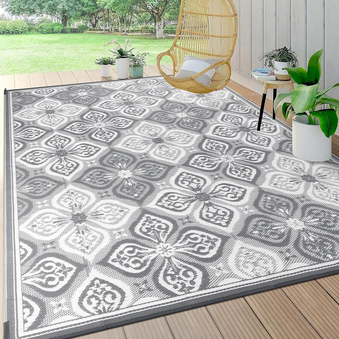 Pauwer Waterproof Outdoor Rug 8x10, Reversible Plastic Straw Patio Camping Rug, Indoor Outdoor RV Mat Carpet for Deck, Camper, Porch, Balcony, Backyard, Picnic, Clover Grey