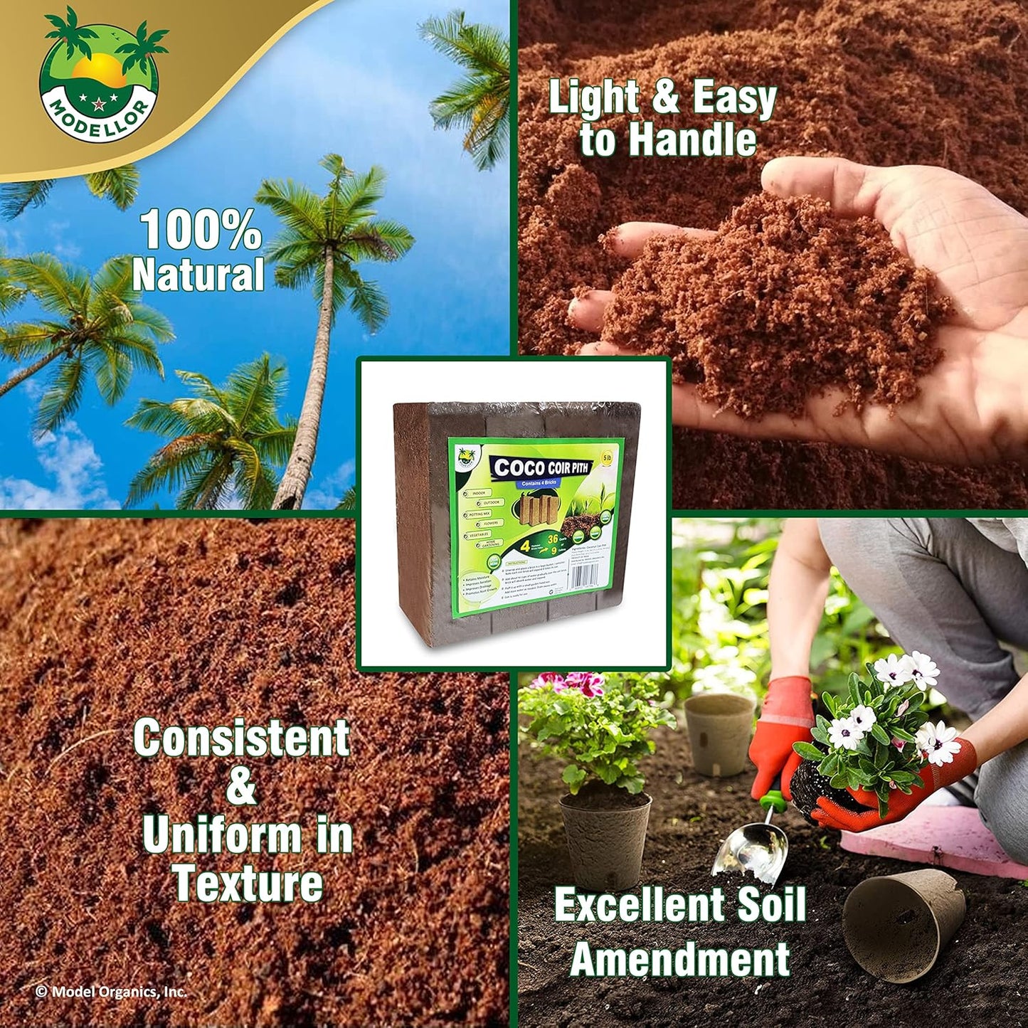 4 Bricks (5 lb) Modellor Premium Super Washed Coco Coir, Yields 9 gallons [36 quarts], Seed Starter, Organic, pH Balanced, Gardening, Indoor, Outdoor use.
