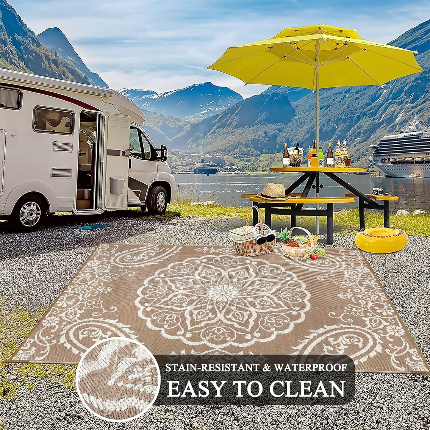 Pauwer Waterproof Outdoor Rug 5x8, Reversible Plastic Straw Patio Camping Rug, Indoor Outdoor RV Mat Carpet for Deck, Camper, Porch, Balcony, Backyard, Picnic, Boho Brown