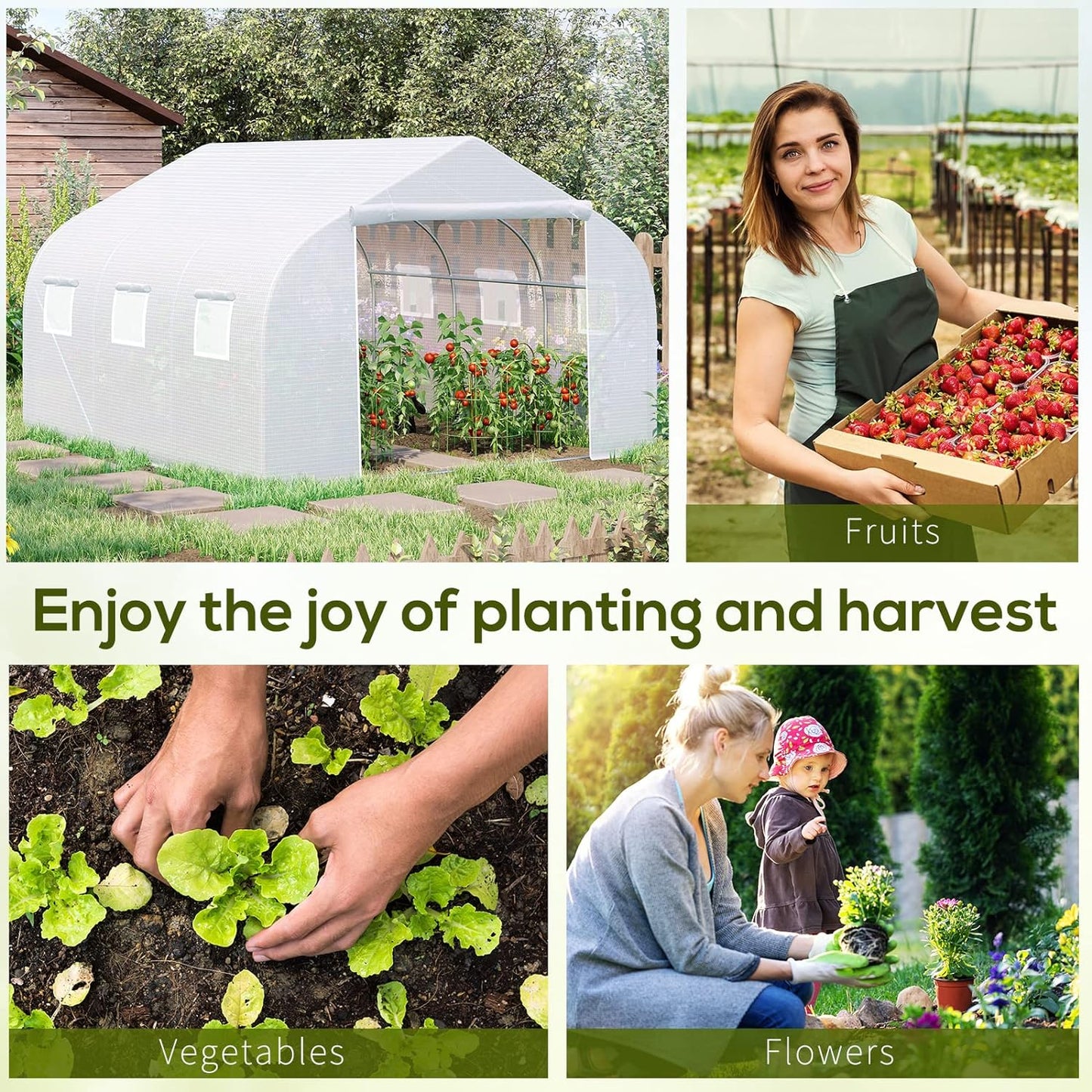 Outsunny 11.5' x 10' x 6.5' Outdoor Walk-in Greenhouse, Tunnel Green House with Roll-up Windows, Zippered Door, PE Cover, Heavy Duty Steel Frame, White