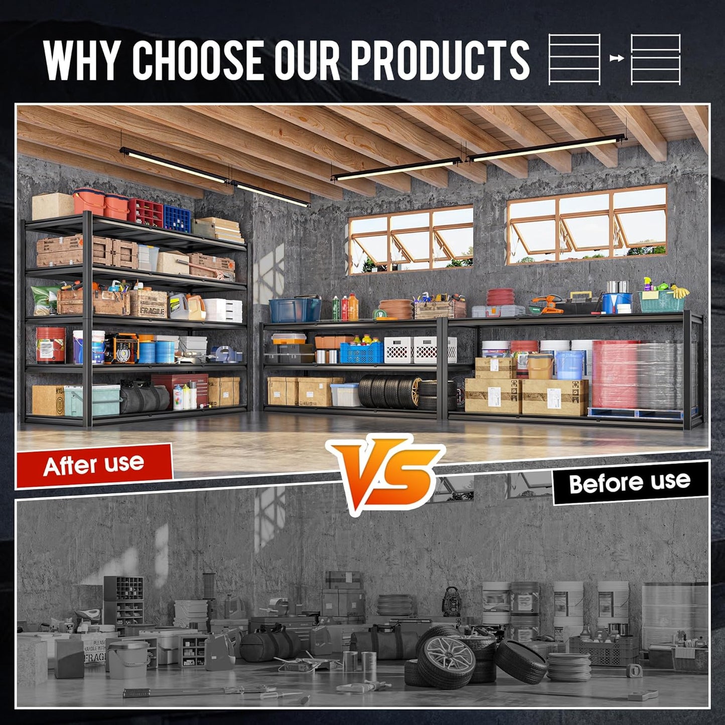 59.8" W x 72.2" H x 24.2" D Storage Shelves Metal Shelving, 2650LBS Garage Shelving Unit with Adjustable Shelf, 5 Tier Storage Rack for Garage, Pantry, Warehouse, Basement, Black