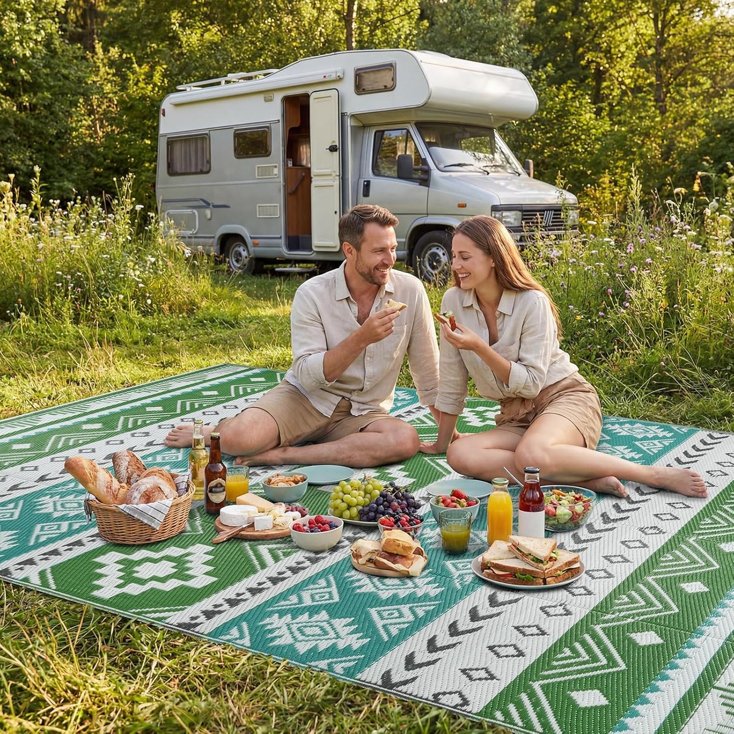 Outdoor Rug 5x8 ft Waterproof Reversible Plastic Straw Patio Camping Rug, Portable Indoor Outdoor RV Mat Carpet for Deck, Camper, Porch, Balcony, Backyard, Picnic, Blue