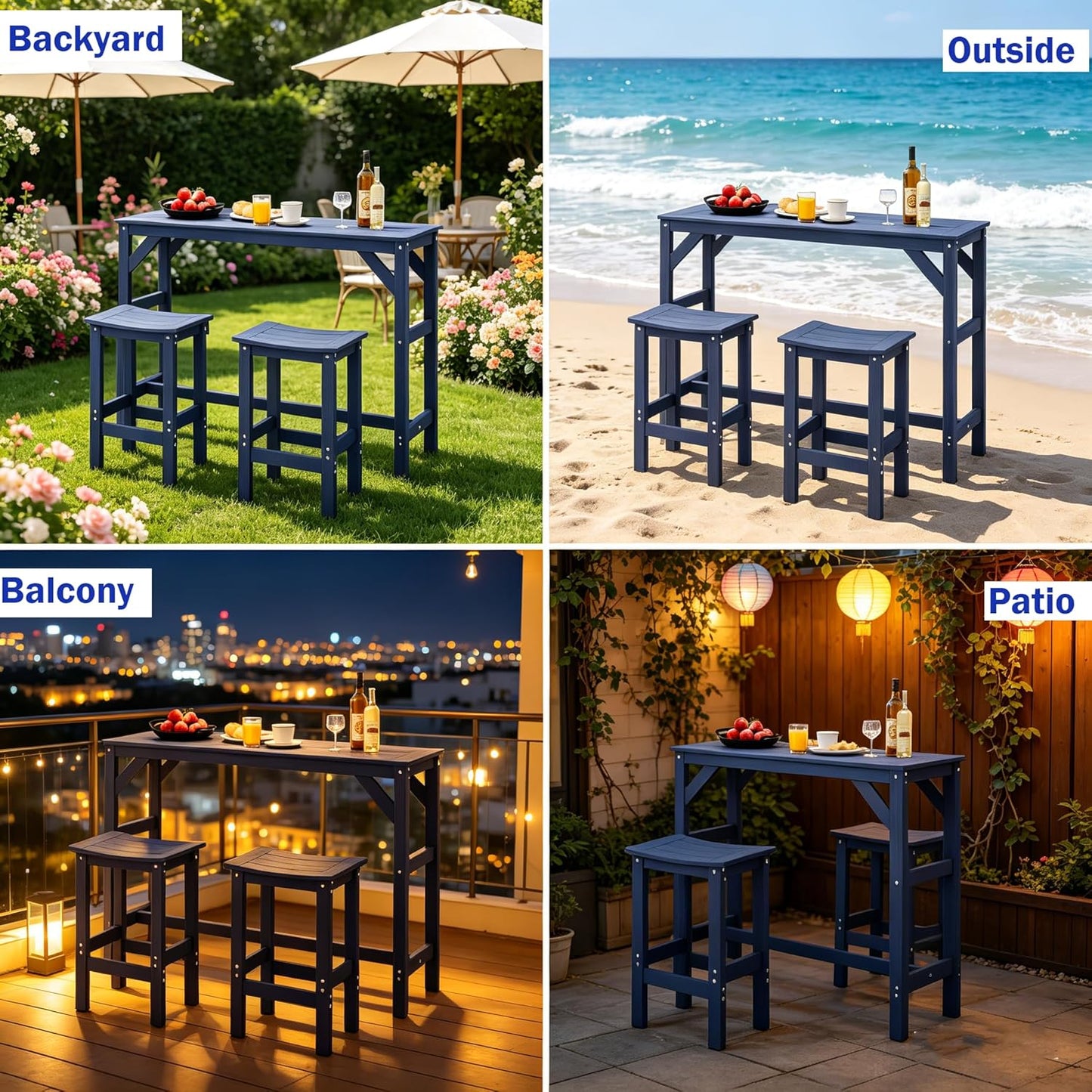 Outdoor Patio Bar Set,All Weather HIPS Table and Chairs Set,High Top Dining Table with 2 Bar Stools,Outside Rectangle Furniture for Balcony,Poolside,Backyard, Garden (Blue, 3 pcs)