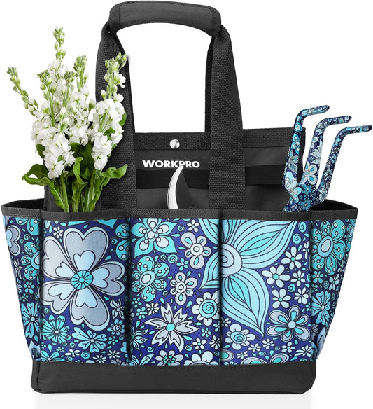 WORKPRO Garden Tool Bag, 9 Pockets Gardening Bag, Heavy Duty Oxford Garden Tote Caddy (Tools NOT Included), 12" x 12" x 6" (Floral Blue)