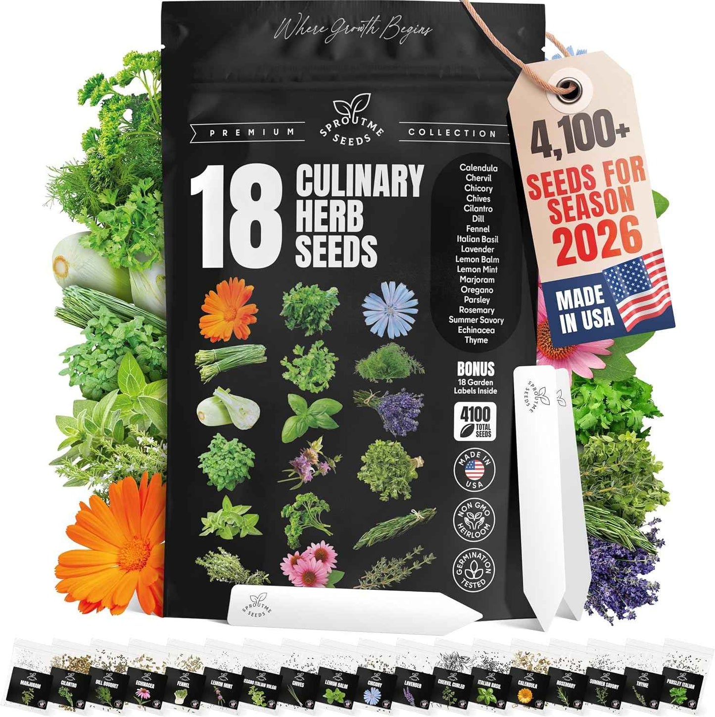 Culinary Herb Seeds Variety Pack – Basil, Cilantro, Parsley, Oregano, Rosemary & Thyme – 18 Varieties, 4100+ Non-GMO Heirloom Seeds, Indoor & Outdoor Growing