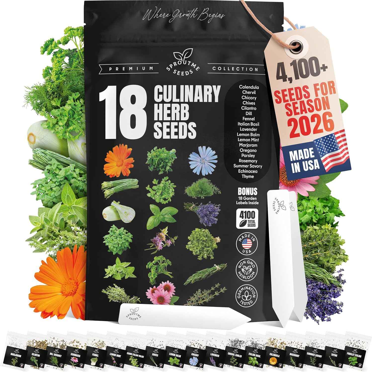 Culinary Herb Seeds Variety Pack – Basil, Cilantro, Parsley, Oregano, Rosemary & Thyme – 18 Varieties, 4100+ Non-GMO Heirloom Seeds, Indoor & Outdoor Growing